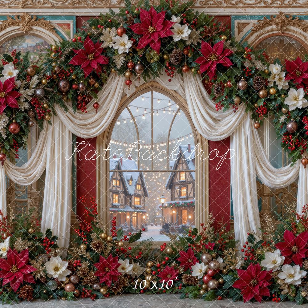 Kate Christmas Poinsettia Garland Ornate Drapes Window Printed Backdrop Designed by Mini MakeBelieve