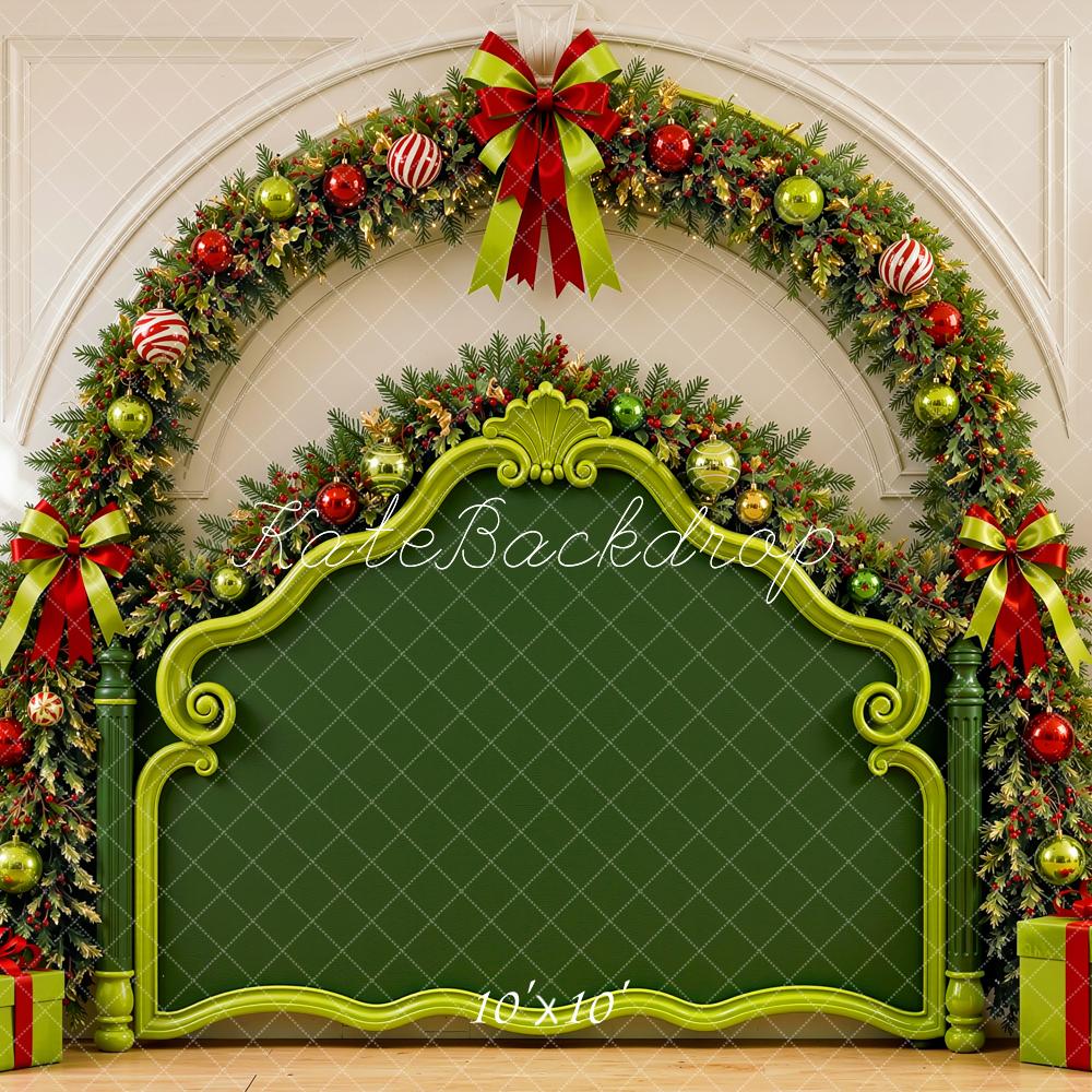 Kate Christmas Headboard Elf Green Garland Presents Printed Backdrop Designed by Shutter Swan Studios