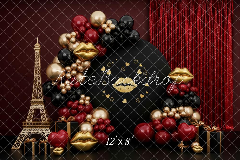 Kate Valentine's Day Eiffel Tower Lips Balloons Hearts Red Curtain Printed Backdrop Designed by Patty Roberts