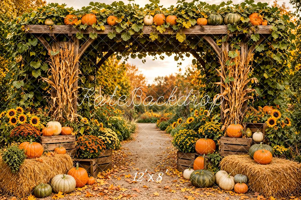 Kate Fall Floral Archway Pumpkin Sunflowers Hay Bales Printed Backdrop Designed by Emetselch