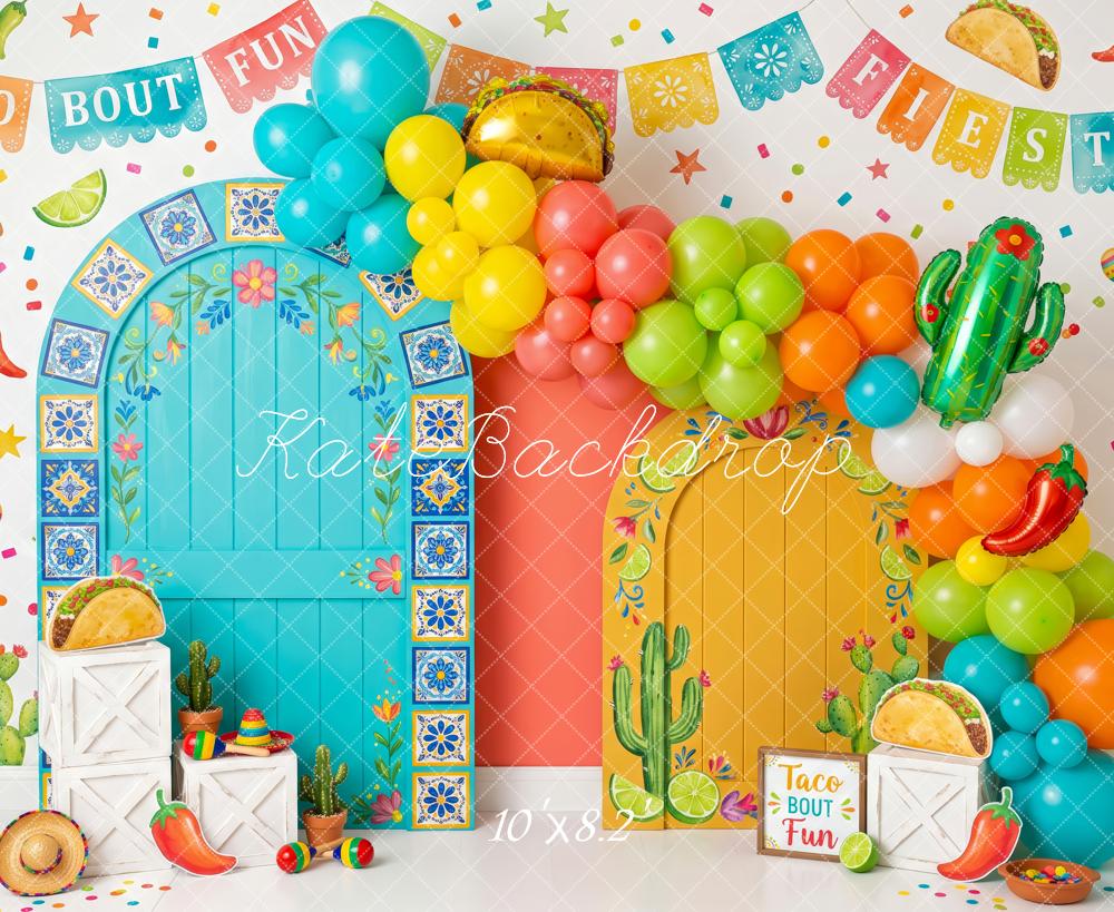 Kate Cake Smash Mexico Taco Fiesta Balloon Arch Cactus Printed Backdrop Designed by Patty Roberts