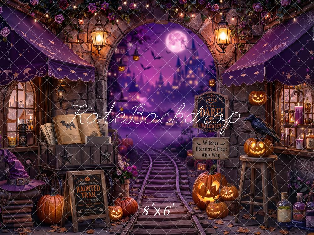 Kate Halloween Purple Haunted Train Station Witch Printed Backdrop Designed by Chain Photography