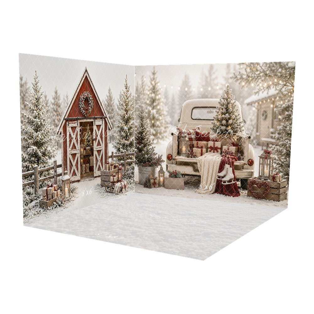 Kate Christmas Vintage White Pickup Truck Tree Gifts Ice Skates Snow Printed Backdrop Room Set