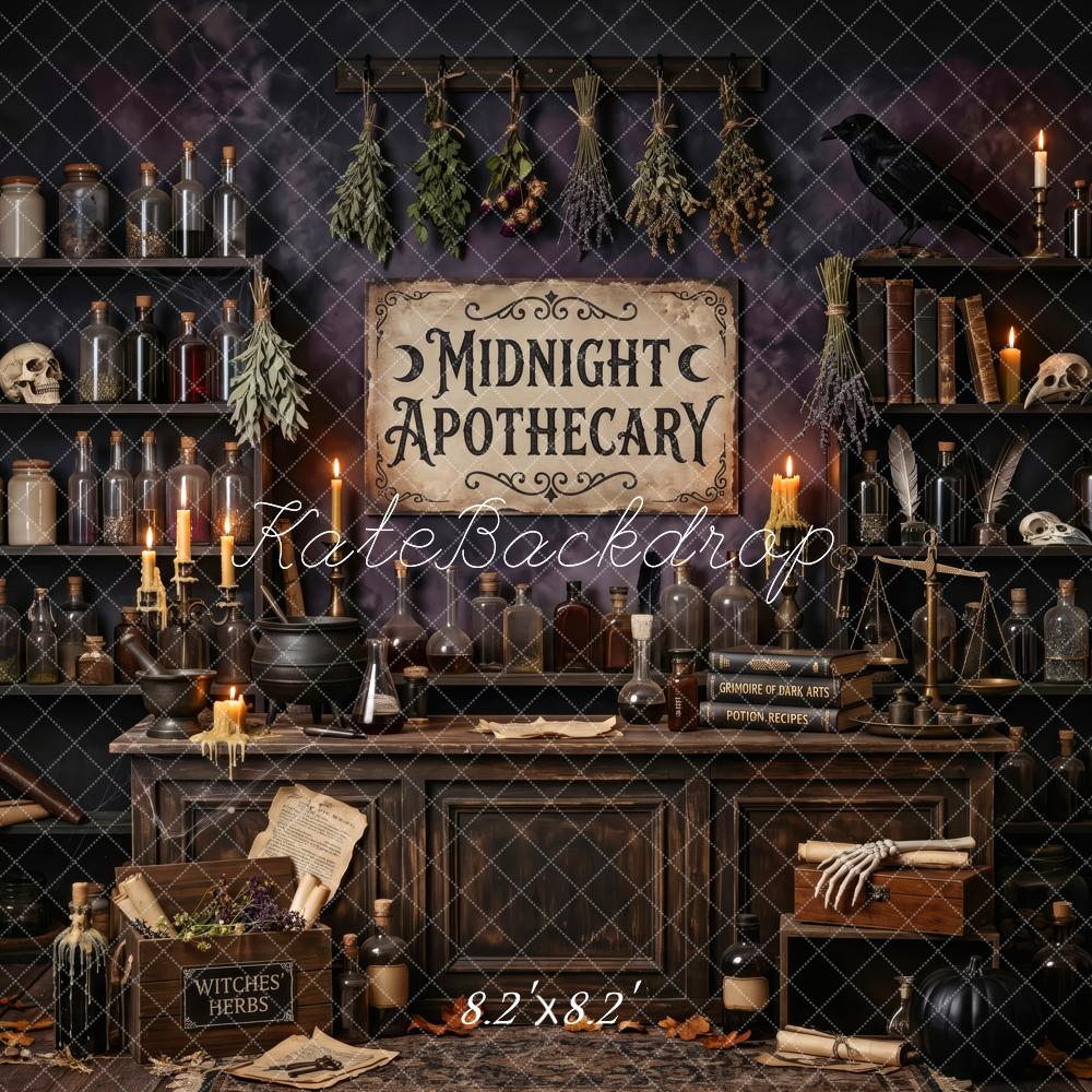 Kate Halloween Apothecary Potion Bottles Cabinet Printed Backdrop Designed by Patty Roberts