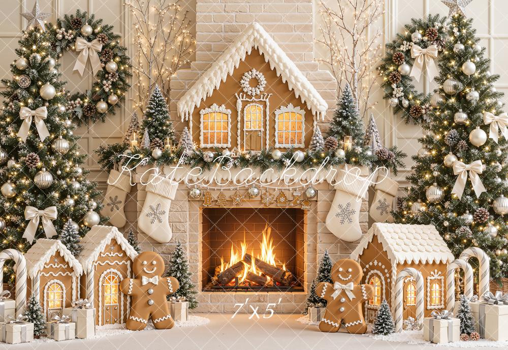 Kate Christmas Gingerbread Fireplace Christmas Trees Wreath Printed Backdrop Designed by Emetselch