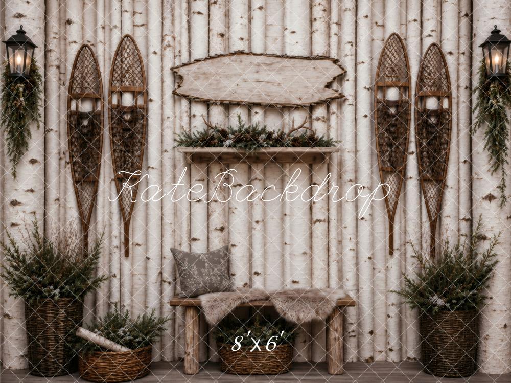 Kate Birch Log Wall Rustic Bench Snowshoes Printed Backdrop Designed by Vertigo Productions