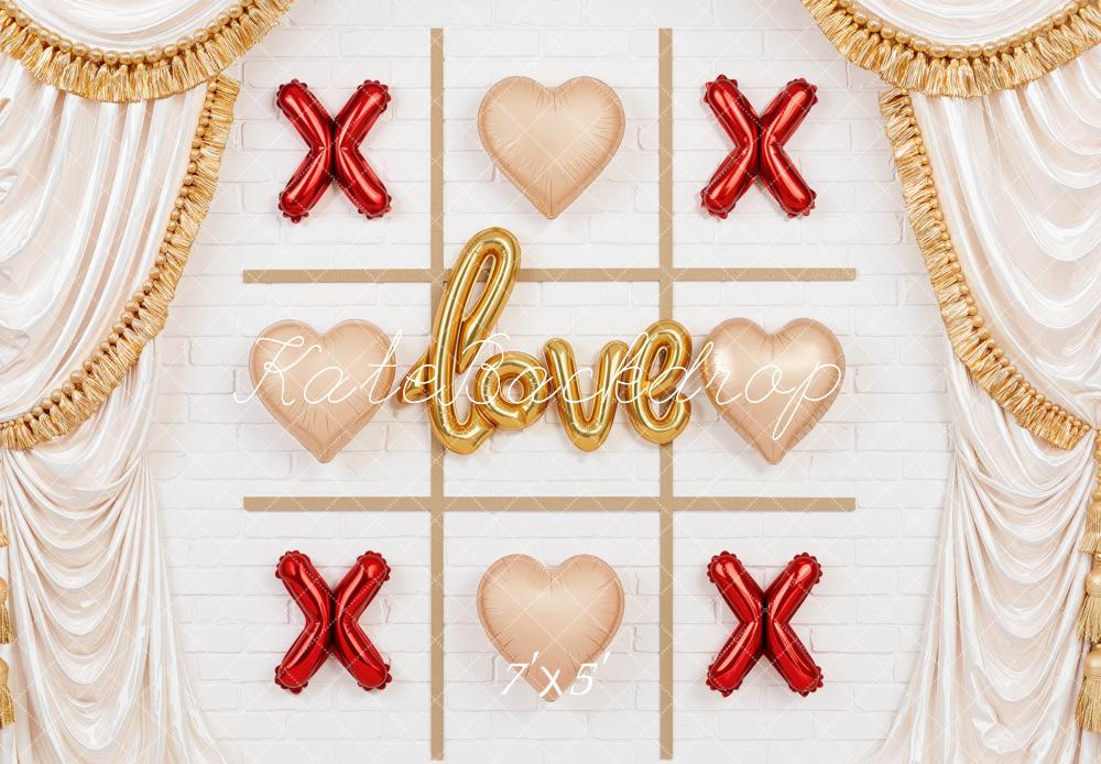 Kate Valentine's Day Tic Tac Toe Heart Balloons Drapery Printed Backdrop Designed by Mini MakeBelieve
