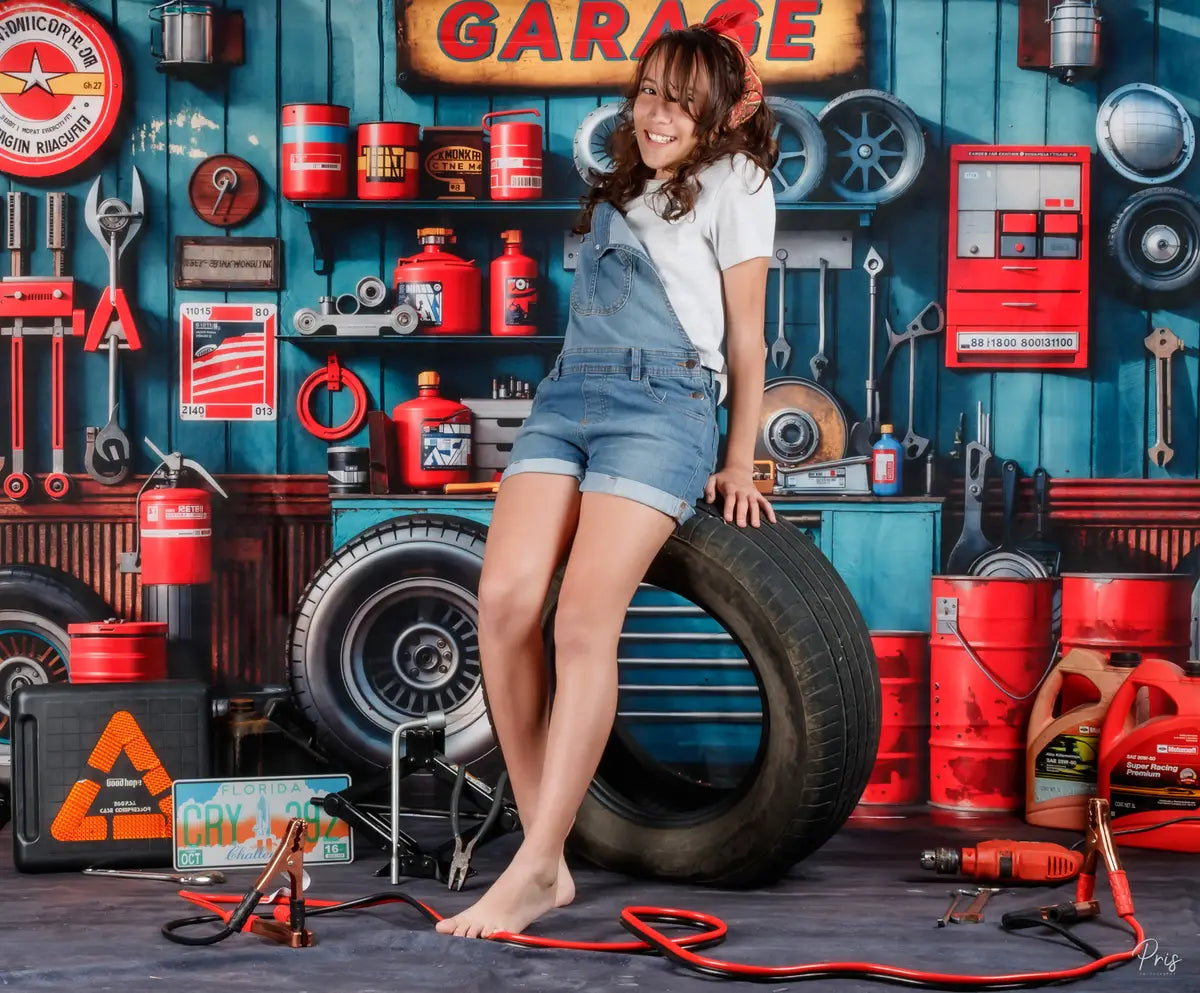 Kate Modern Tool Holder and Tires Red Tanker Garage Printed Backdrop Designed by Emetselch