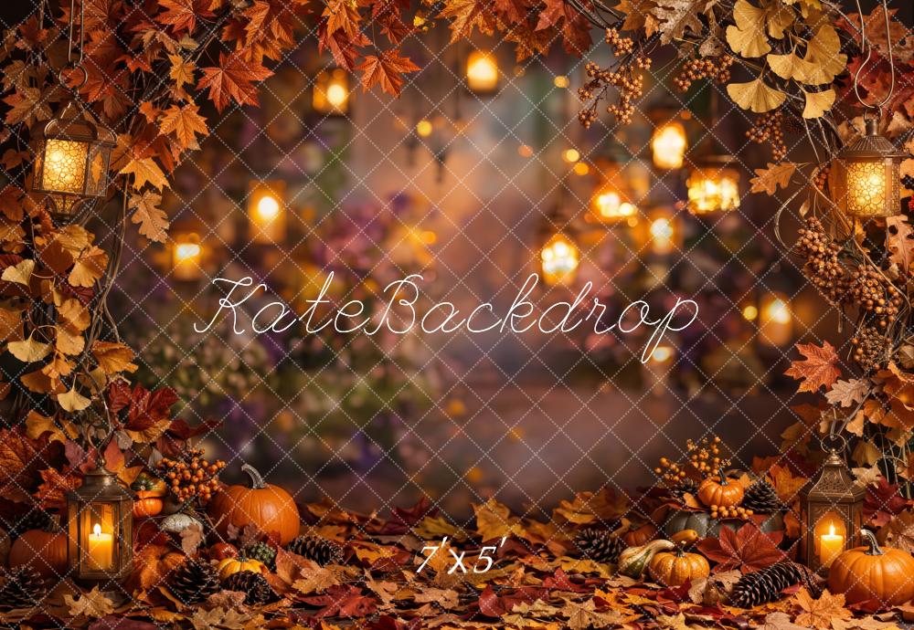 Kate Fall Pumpkins Lantern Leaves Bokeh Printed Backdrop Designed by Emetselch