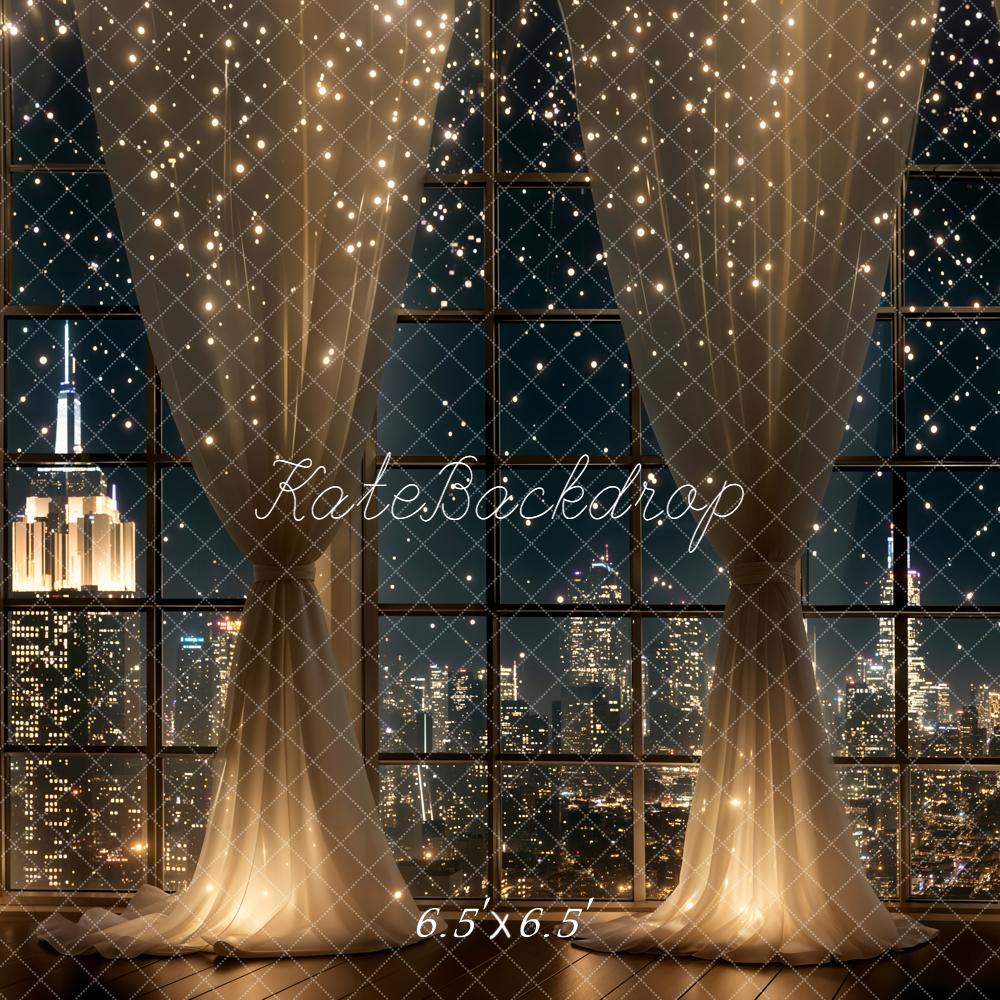 Kate New Year City Night Skyline Window Curtains String Lights Printed Backdrop Designed by Chain Photography