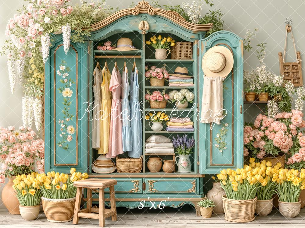 Kate Spring Cabinet Flowers Dresses Teal Printed Backdrop Designed by Emetselch