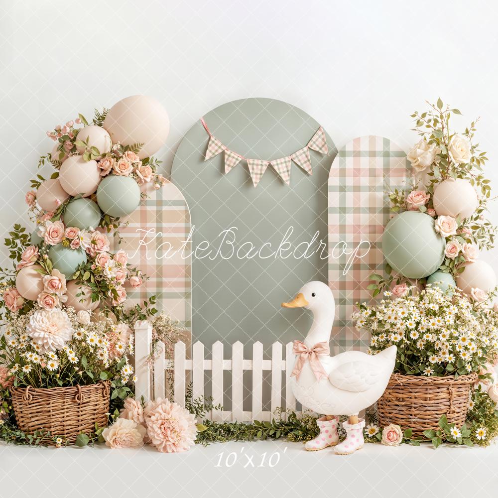 Kate Cake Smash Silly Goose Flower Arch Plaid Balloons Picket Fence Backdrop Designed by Emetselch