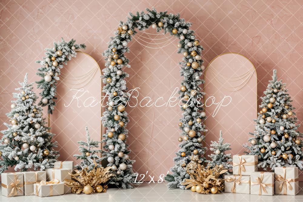 Kate Christmas Gold Arch Snowy Trees Backdrop Designed by Patty Roberts
