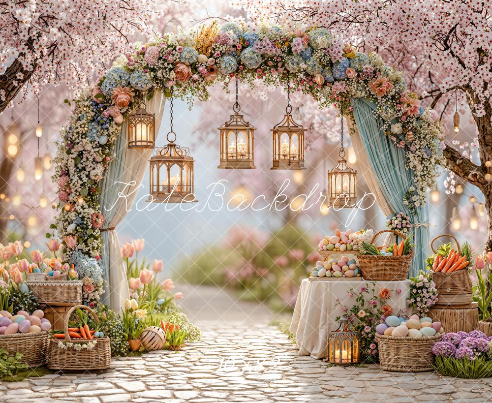 Kate Easter Spring Flower Arch Pastel Eggs Lanterns Garden Pink Backdrop Designed by Emetselch