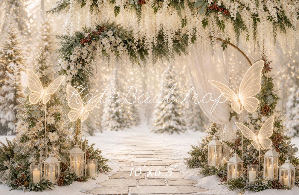 Kate Christmas Winter Floral Arch Dreamy Butterflies Lanterns Printed Backdrop Designed by Emetselch