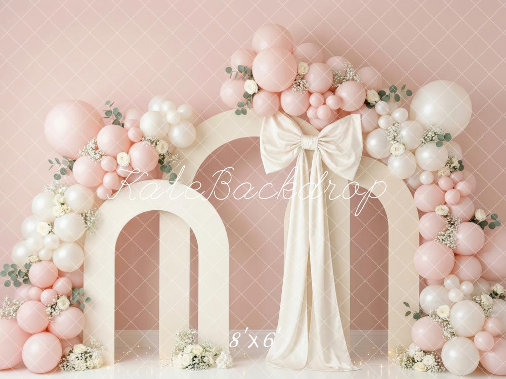 Kate Cake Smash Pink Balloon Arch Bow Flowers Printed Backdrop Designed by Patty Roberts