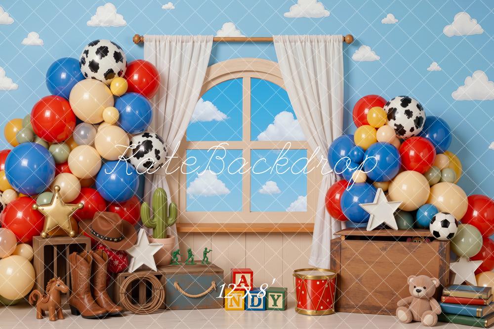Kate Cake Smash Cowboy Toys Boots Balloons Window Blocks Printed Backdrop Designed by Mini MakeBelieve