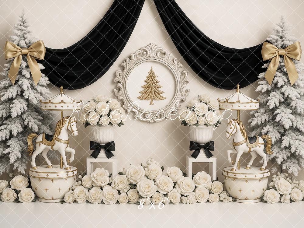 Kate Christmas Carousel White Roses Frosted Trees Backdrop Designed by Ashley Paul