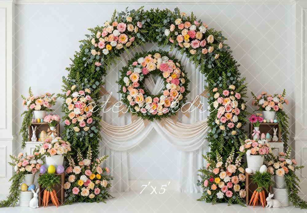 Kate Easter Bunny Flower Arch Pastel Eggs Carrots Printed Backdrop Designed by Mini MakeBelieve