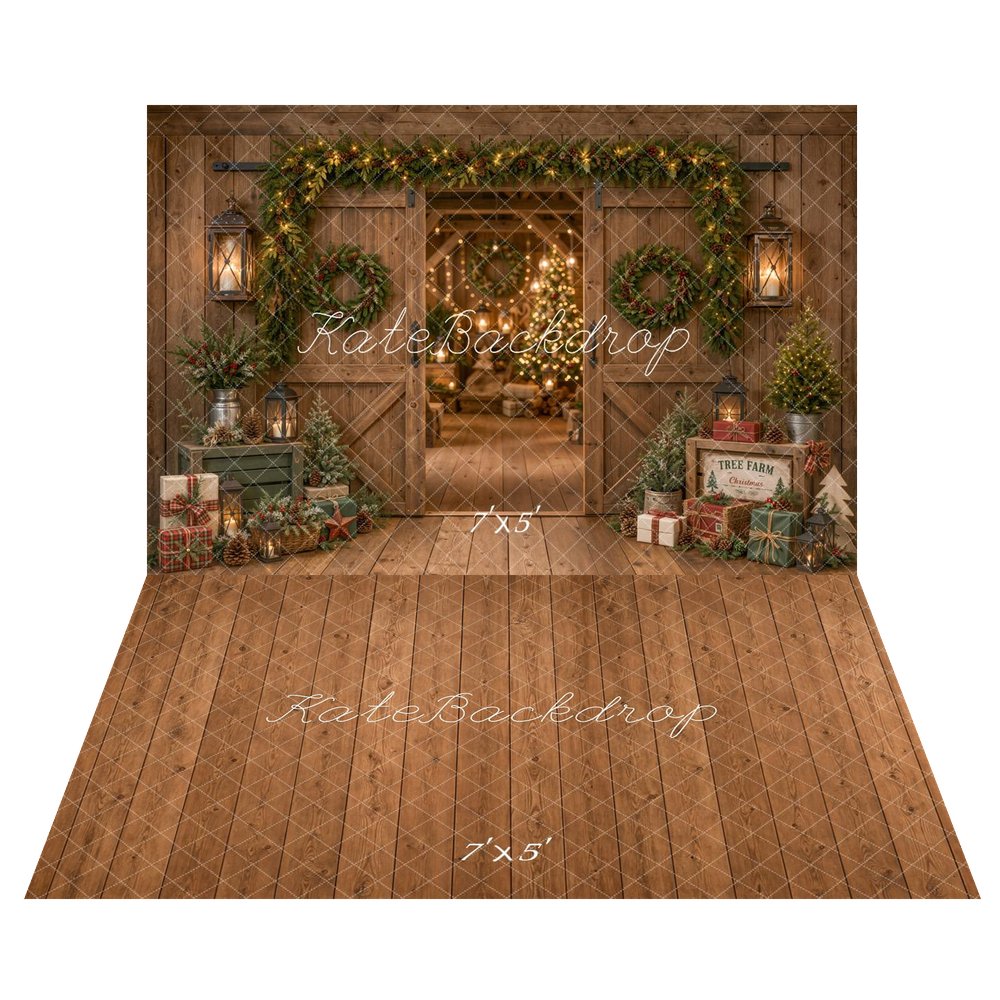 Kate Christmas Rustic Barn Door Garland Wreath Trees Printed Backdrop+Brown Wood Plank Floor Printed Backdrop