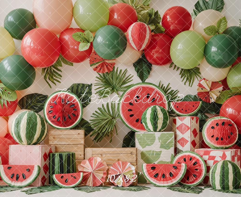 TEST Kate Summer Watermelon Balloons Leaves Wooden Crates Printed Backdrop Designed by Emetselch