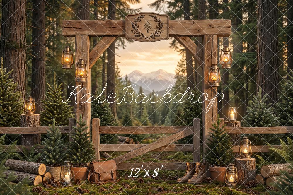 Kate Hiking Forest Wooden Arch Pine Trees Lanterns Printed Backdrop Designed by Emetselch