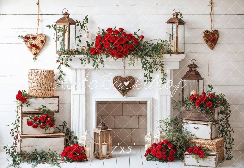 Kate Valentine Roses Rustic Lantern Fireplace Backdrop Designed by Emetselch