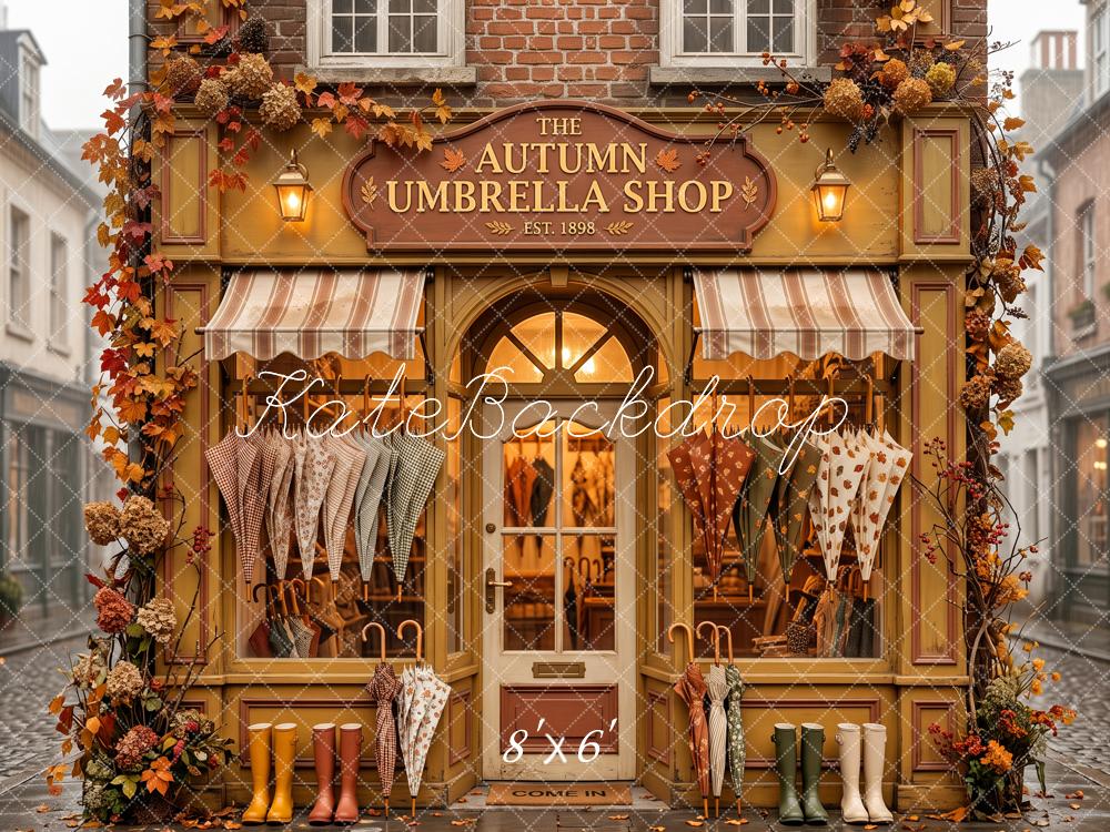 Kate Fall Umbrella Shop Storefront Street Printed Backdrop Designed by Patty Roberts