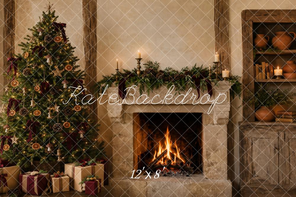 Kate Christmas Rustic Fireplace Tree Cabinet Printed Backdrop Designed by Vertigo Productions