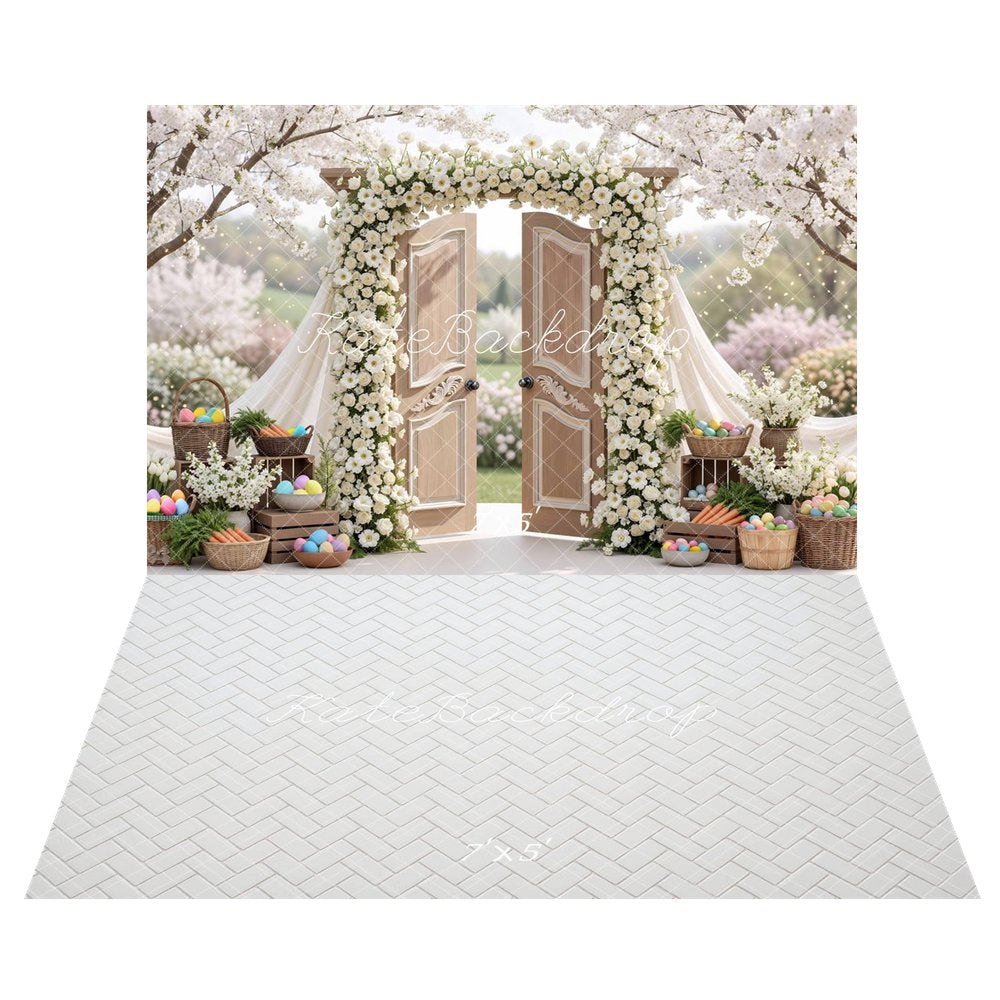 Kate Easter Bunny Flower Arch Door Baskets Backdrop+White Herringbone Floor Backdrop