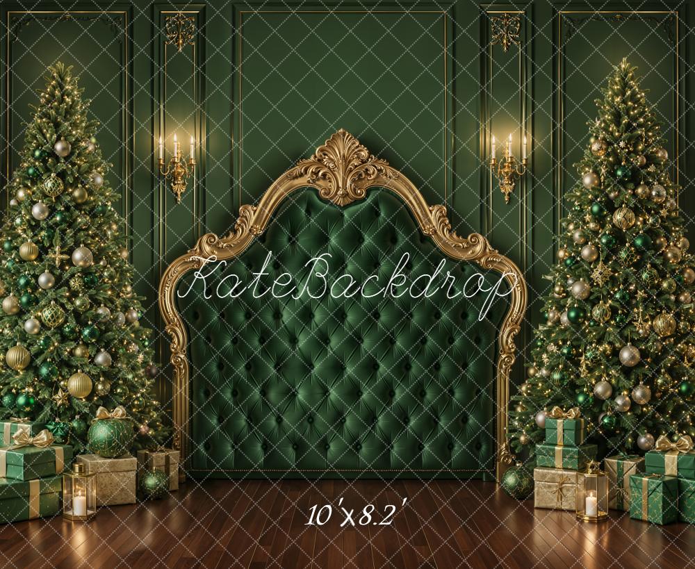 Kate Christmas Green Royal Upholstered Headboard Christmas Tree Printed Backdrop Designed by Emetselch