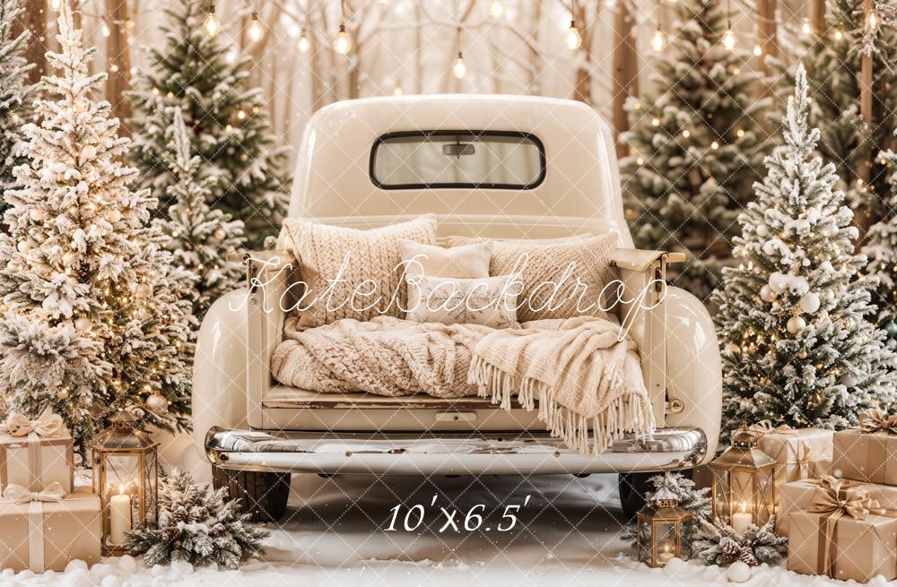 Kate Christmas Cream Vintage Truck Trees Gifts Rustic Printed Backdrop Designed by Emetselch