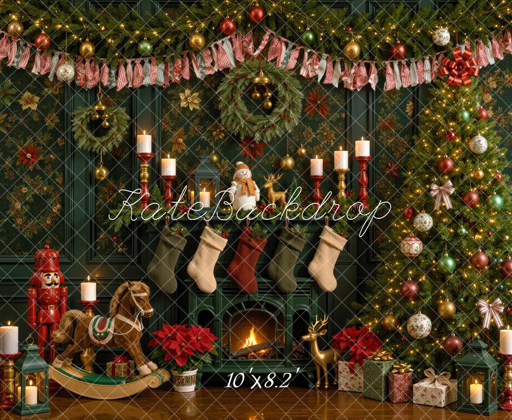 Kate Christmas Tree Green Fireplace Rocking Horse Printed Backdrop Designed by Mini MakeBelieve