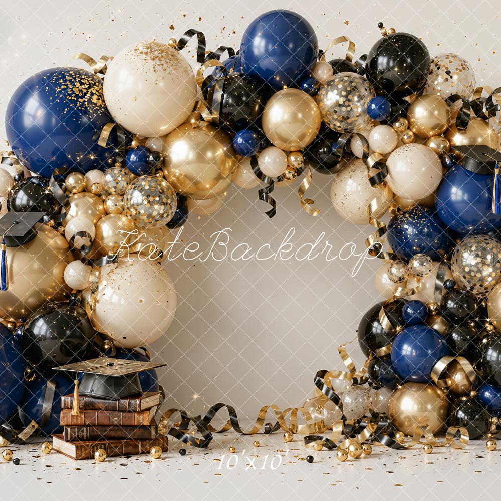 Kate Graduation Balloon Arch Stacked Books Navy Gold Printed Backdrop Designed by Emetselch