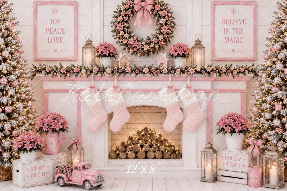 Kate Christmas Pink Floral Fireplace Wreath Stockings Printed Backdrop Designed by Ashley Paul