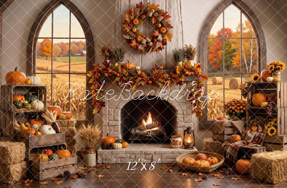 Kate Fall Stone Fireplace Pumpkins Wreath Harvest Field Window Printed Backdrop Designed by Emetselch