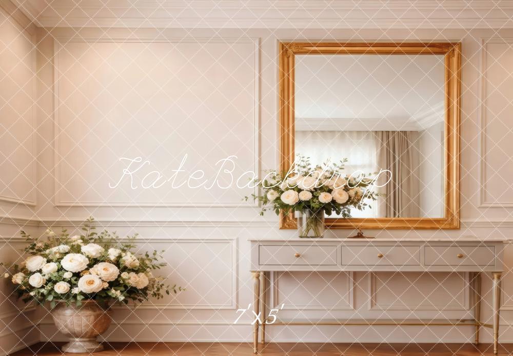 Kate Elegant White Room Gold Mirror Console Flowers Printed Backdrop Designed by Vertigo Productions