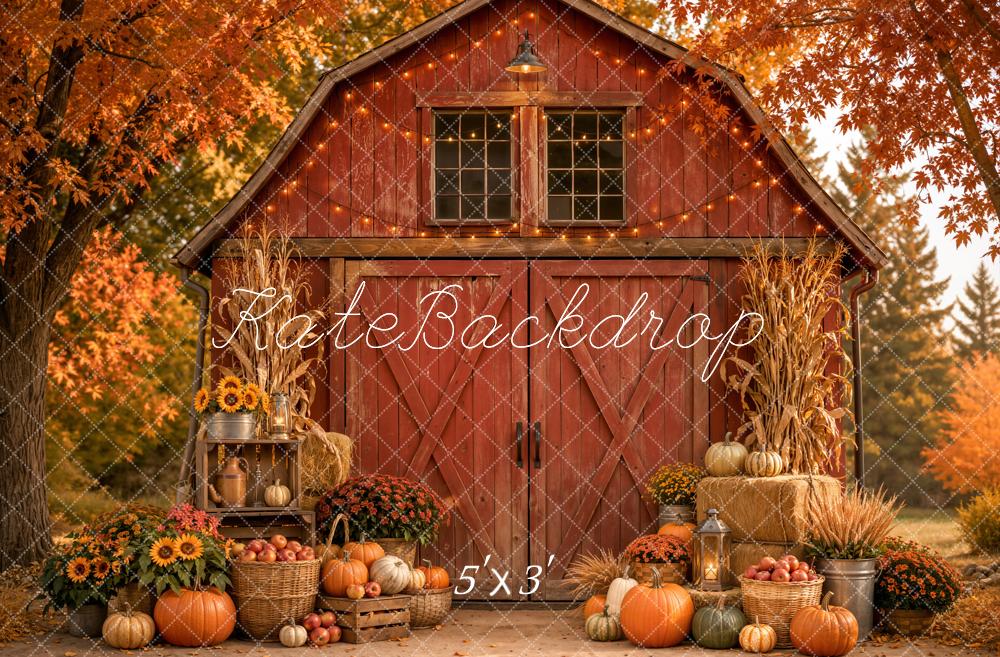 Kate Fall Red Barn Pumpkins Sunflower Lantern Harvest Forest Printed Backdrop Designed by Emetselch