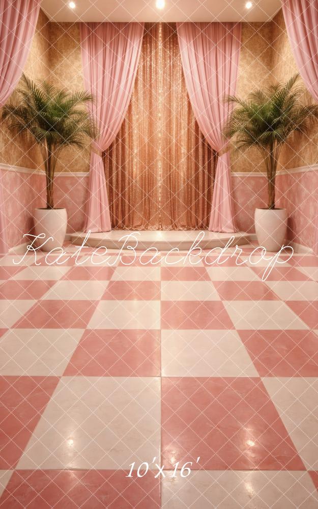Kate Sweep Pink Checkered Floor Curtain Potted Palm Printed Backdrop Designed by Vertigo Productions