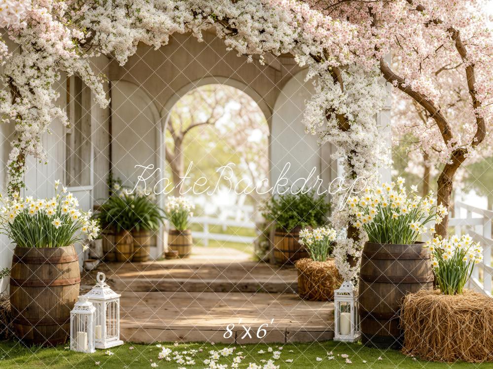 Kate Spring Flower Arch Spring Porch Barrels Daffodils Printed Backdrop Designed by Emetselch