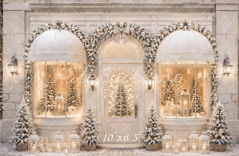 Kate Christmas Shop Arched Window Garland Snowy Trees Printed Backdrop Designed by Emetselch