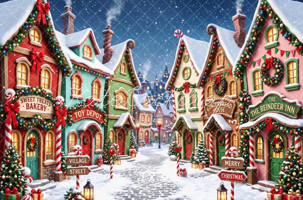 Kate Christmas Whimsical Snowy Village Street Candy Cane Garland Printed Backdrop Designed by Patty Roberts