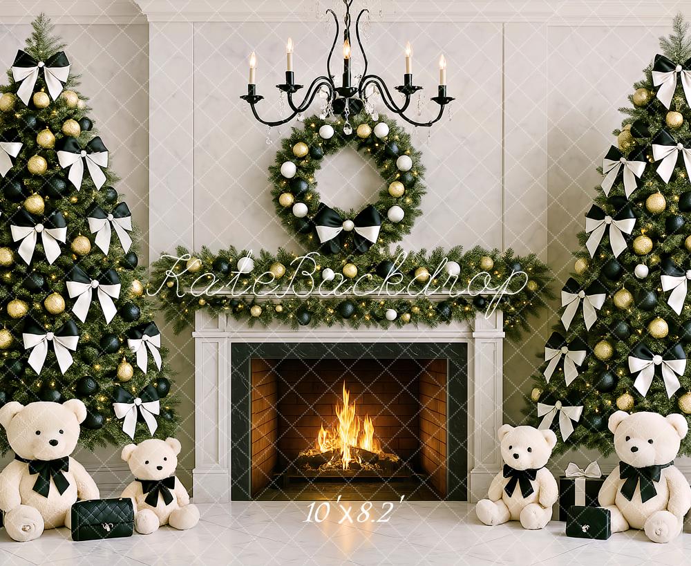 Kate Christmas Tree Fireplace Teddy Bear Bow Backdrop Designed by Ashley Paul