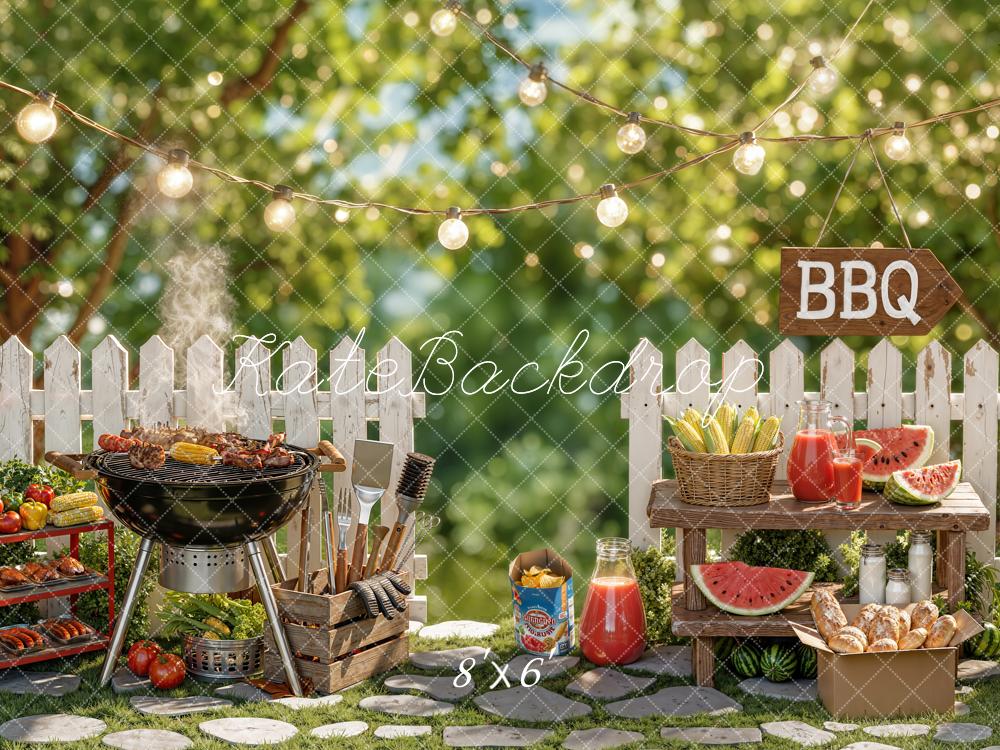 Kate Summer BBQ Grill Picnic White Picket Fence String Lights Printed Backdrop Designed by Chain Photography
