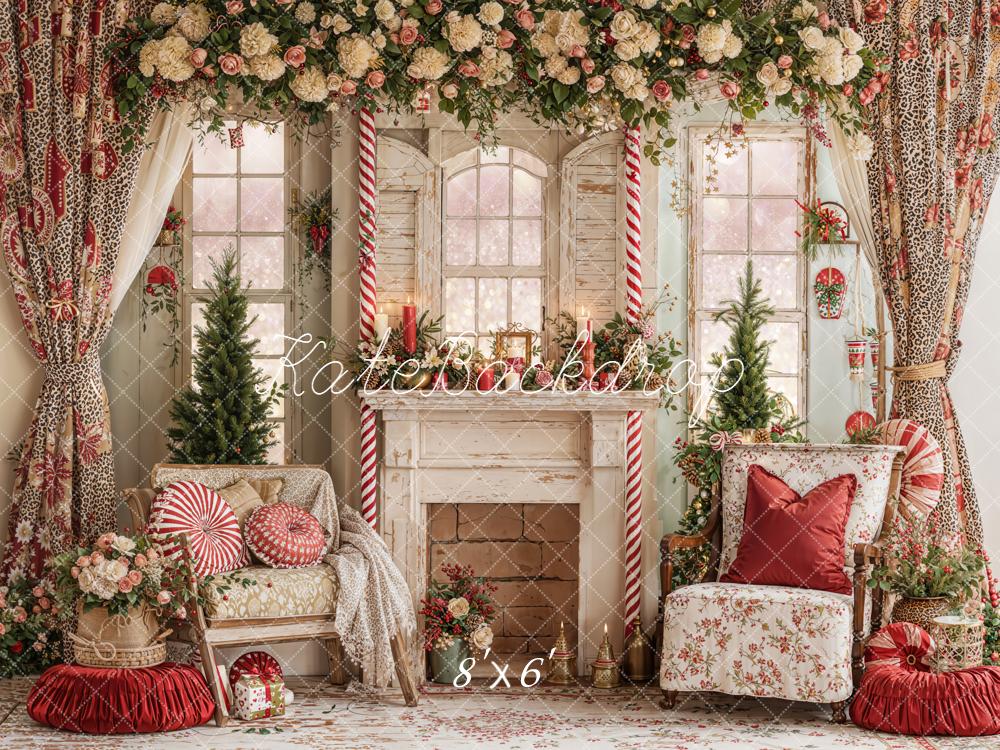 Kate Valentines Floral Fireplace Candy Cane Windows Leopard Backdrop Designed by Emetselch