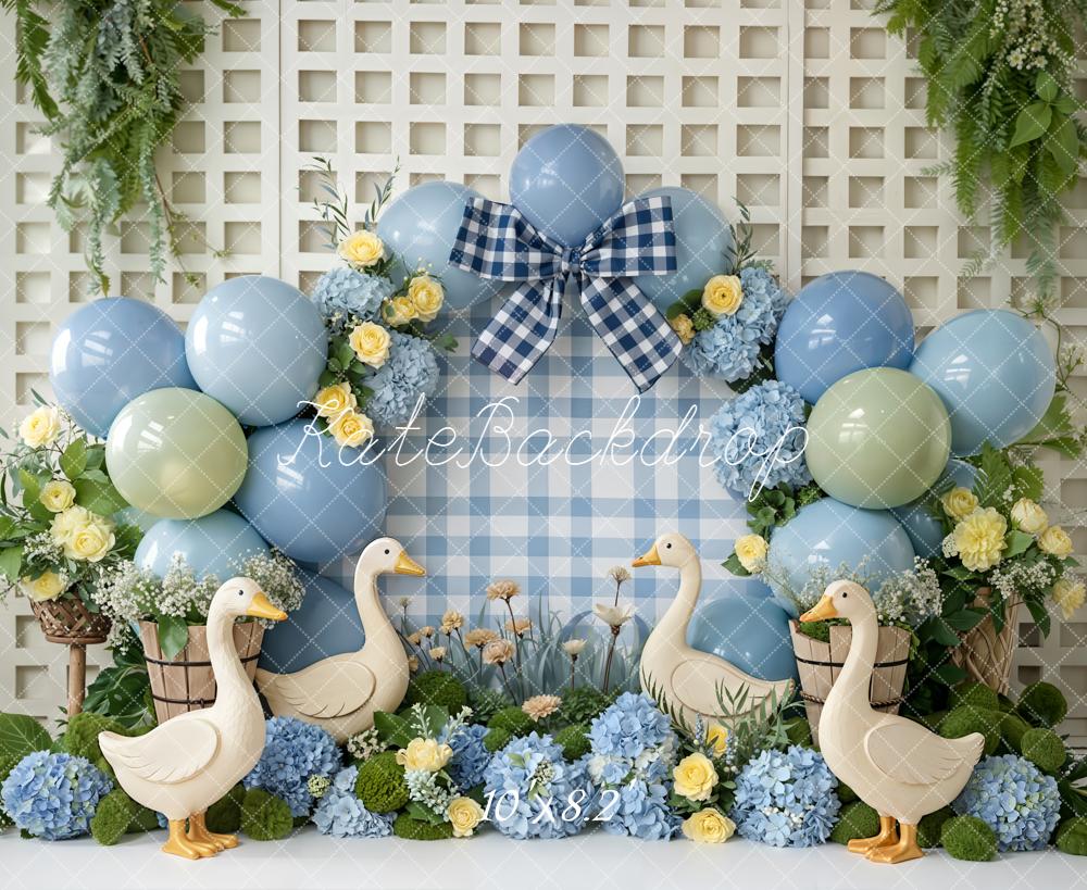 Kate Cake Smash Blue Balloons Silly Goose Florals Gingham Bow Backdrop Designed by Emetselch