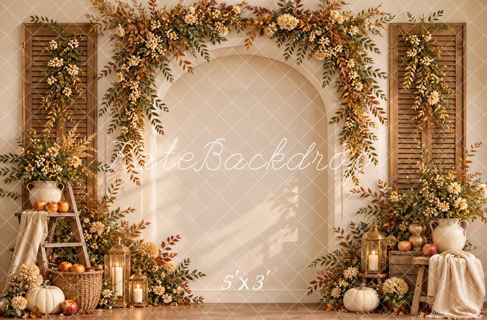 Kate Fall Floral Arch Pumpkins Shutters Wall Sunlight Printed Backdrop Designed by Emetselch