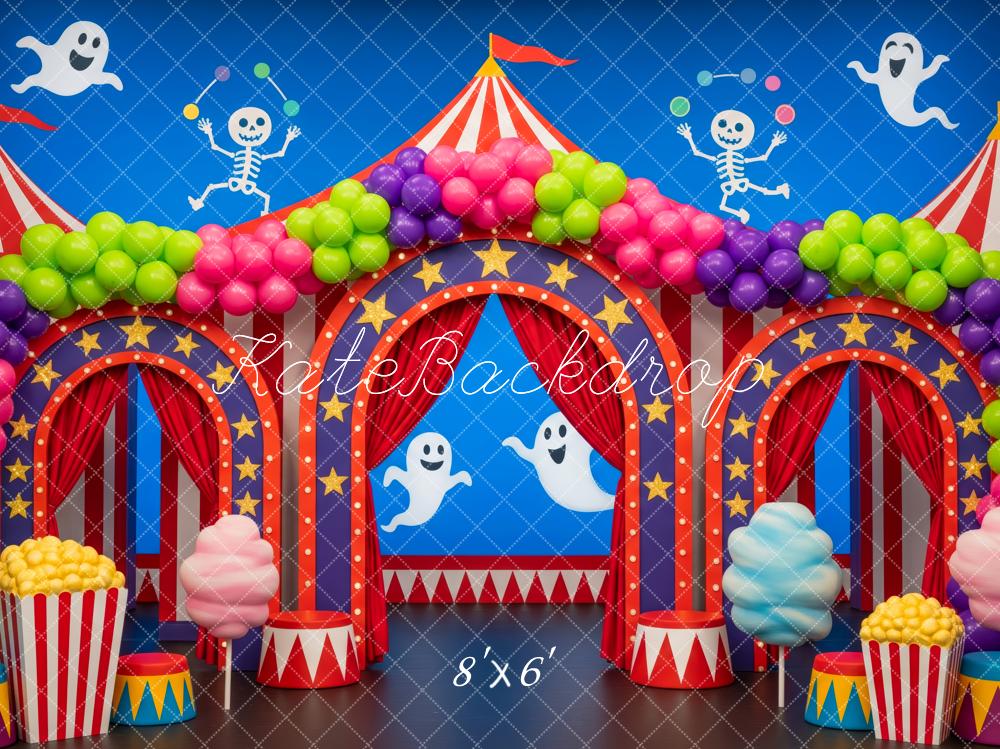 Kate Halloween Circus Ghosts Skeletons Balloons Popcorn Backdrop Designed by Patty Roberts