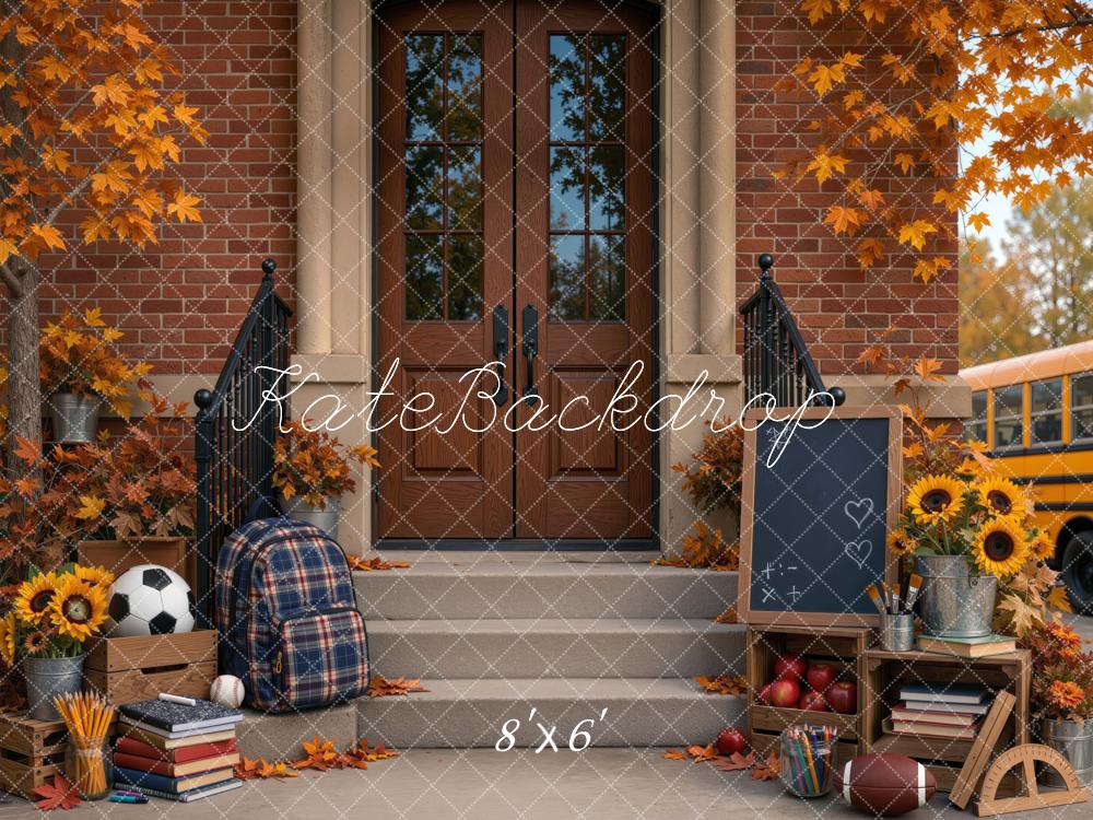 Kate Back To School Fall Brick Entrance Backpack Chalkboard Sunflowers Printed Backdrop Designed by Mini MakeBelieve