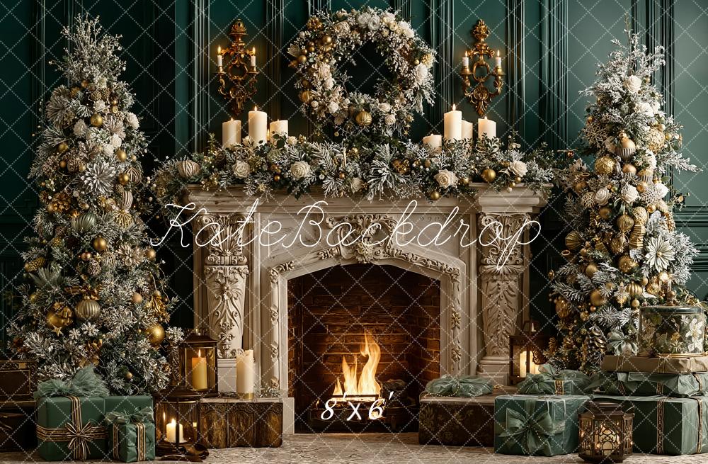 Kate Christmas Fireplace Vintage Wreath Trees Gifts Green Backdrop Designed by Emetselch